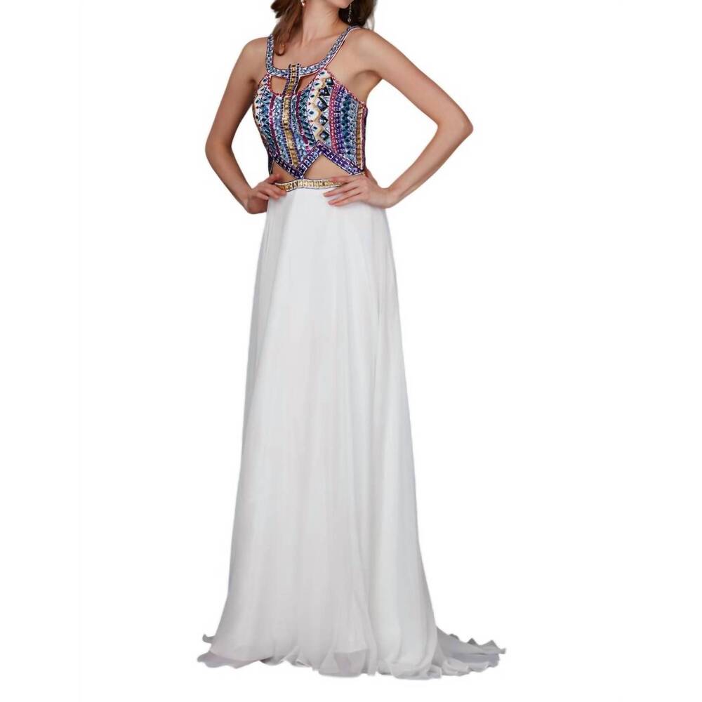 NEW ANGELA & ALISON sparkly prom dress in ivory/multi